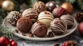 Festive chocolate truffles on plate, Christmas decor Royalty Free Stock Photo