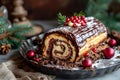 Festive Chocolate Yule Log Cake Decorated with Berries