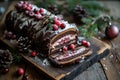 Festive Chocolate Yule Log Cake Decorated with Berries and Greenery