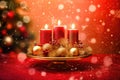 Festive Christmas Ambience: Burning Candles and Tree Decorations on Blurred Background - Generative AI Royalty Free Stock Photo