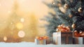 Festive Christmas background with golden bokeh lights and snowflakes and silver gift present boxes with New Year tree