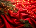 Festive Christmas Background with Pine Branches and Warm Glowing Lights on a Red Velvet Cloth Texture Royalty Free Stock Photo