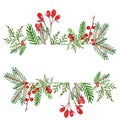 Festive Christmas greenery banner with hand drawn watercolor winter evegreen plants and red berries