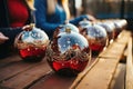 Festive Christmas bauble production: women at workstation Royalty Free Stock Photo