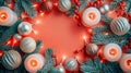 Festive Christmas Border Decoration with Candles, Pine Branches, Baubles, and Red Berries on a Coral Background, Top View with Royalty Free Stock Photo