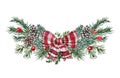 Festive Christmas border with pine branches, red bow. Watercolor holiday illustration, isolated on white background