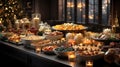 Festive Christmas buffet. Fine Dinner buffet table full of dishes with food, snacks, desserts, and drinks. Warm glow of