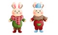 Festive christmas bunny boy clipart set.Cute little bunny with antlers,scarf, beanie and winter costume Royalty Free Stock Photo