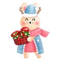 Festive christmas bunny clipart.Cute little bunny with gift box,antlers,pink scarf,blue beanie,pink and blue dress