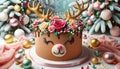 Festive Christmas cake adorned with gold reindeer antlers and roses. The cheerful cake among a backdrop of evergreen, baubles and