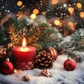 Festive Christmas Candlelight Scene with Ornaments and Snow A warm and inviting image perfect for holiday greetings and winter Royalty Free Stock Photo