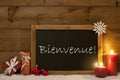 Festive Christmas Card, Blackboard, Snow, Bienvenue Mean Welcome