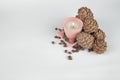Festive Christmas card with a burning candle of pink color with pine cones on a white background and pine nuts in bulk Royalty Free Stock Photo