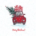 Festive Christmas card. Red car with fir tree decorated red balls and gifts on roof. White snowy seamless background and Royalty Free Stock Photo