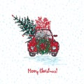 Festive Christmas card. Red car with fir tree decorated red balls and gifts on roof. White snowy seamless background and text Merr Royalty Free Stock Photo