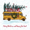 Festive Christmas card. Yellow school bus with fir tree decorated red balls and gifts on roof. White snowy seamless background and Royalty Free Stock Photo