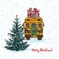 Festive Christmas card. Yellow school bus with fir tree decorated red balls and gifts on roof. White snowy seamless background and Royalty Free Stock Photo