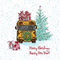 Festive Christmas card. Yellow school bus with fir tree decorated red balls and gifts on roof. White snowy seamless background and Royalty Free Stock Photo