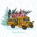 Festive Christmas card. Yellow school bus with fir tree decorated red balls and gifts on roof. White snowy seamless background and Royalty Free Stock Photo