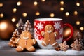 Festive Christmas composition of gingerbread cookies mug. Bokeh effect lights background. Generative AI