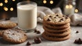 Festive Christmas Cookies Featuring Rich Chocolate Chips and a Glass of Milk. AI Generated