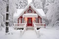 Festive christmas cottage with adorned porch and delicate wreath in snowy surroundings