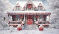 Festive christmas cottage with cozy ambiance and delicate wreath in snowy surroundings