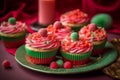 Festive Christmas Cupcakes on Red Background