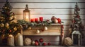 festive Christmas decor, incorporating vibrant fir branches, sparkling ornaments, and candles aglow on a wooden