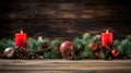 festive Christmas decor, incorporating vibrant fir branches, sparkling ornaments, and candles aglow on a wooden