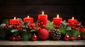 festive Christmas decor, incorporating vibrant fir branches, sparkling ornaments, and candles aglow on a wooden