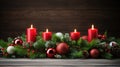 festive Christmas decor, incorporating vibrant fir branches, sparkling ornaments, and candles aglow on a wooden