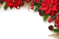 Festive Christmas Decoration Frame with Red Poinsettia Flowers, Christmas Tree Branch, and Berries on White Background. created Royalty Free Stock Photo