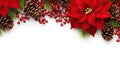 Festive Christmas Decoration Frame with Red Poinsettia Flowers, Christmas Tree Branch, and Berries on White Background. created Royalty Free Stock Photo