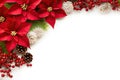 Festive Christmas Decoration Frame with Red Poinsettia Flowers, Christmas Tree Branch, and Berries on White Background. created Royalty Free Stock Photo