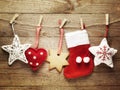 Festive Christmas decoration over wooden board background Royalty Free Stock Photo