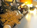 Festive Christmas decorations on a white table, selective focus on foreground Royalty Free Stock Photo
