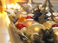 Festive Christmas decorations on a white table, selective focus on foreground Royalty Free Stock Photo