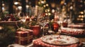 Festive christmas dinner table setting with candles and decorated plates Royalty Free Stock Photo