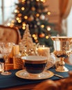 Festive Christmas Dinner Table Setting with Elegant Porcelain and Golden Accents by Sparkling Tree