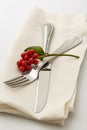 Festive Christmas dinner table setting place setting with silverware fork and knife on cloth napkin with holly berries decorations