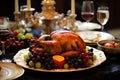 Festive Christmas Dinner Table with Succulent Roasted Chicken and Luxurious Golden Plates