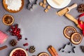 Festive Christmas frame with baking tools and ingredients. Royalty Free Stock Photo