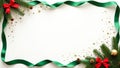 Festive christmas frame with pine branches, red bows, and green ribbon on white background Royalty Free Stock Photo