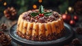 Festive Christmas fruitcake on dark plate Royalty Free Stock Photo