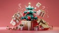Festive Christmas Gifts Exploding from Box with 3D Tree Royalty Free Stock Photo