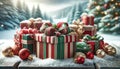 Festive Christmas Gifts and Ornaments in Snowy Setting, AI Generated Royalty Free Stock Photo