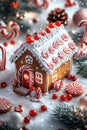 Festive christmas gingerbread house with icing, candy canes, and gumdrops Royalty Free Stock Photo