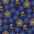 Festive Christmas gingerbread seamless pattern in the shape of a deer and a house with white icing and gray ornate snowflakes,