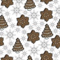 Festive Christmas gingerbread seamless pattern in the shape of a fir tree and snowflakes with white icing and gray ornate